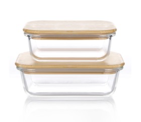 Set De 2 Bowls Rectangulares Con Tapa De Bamboo